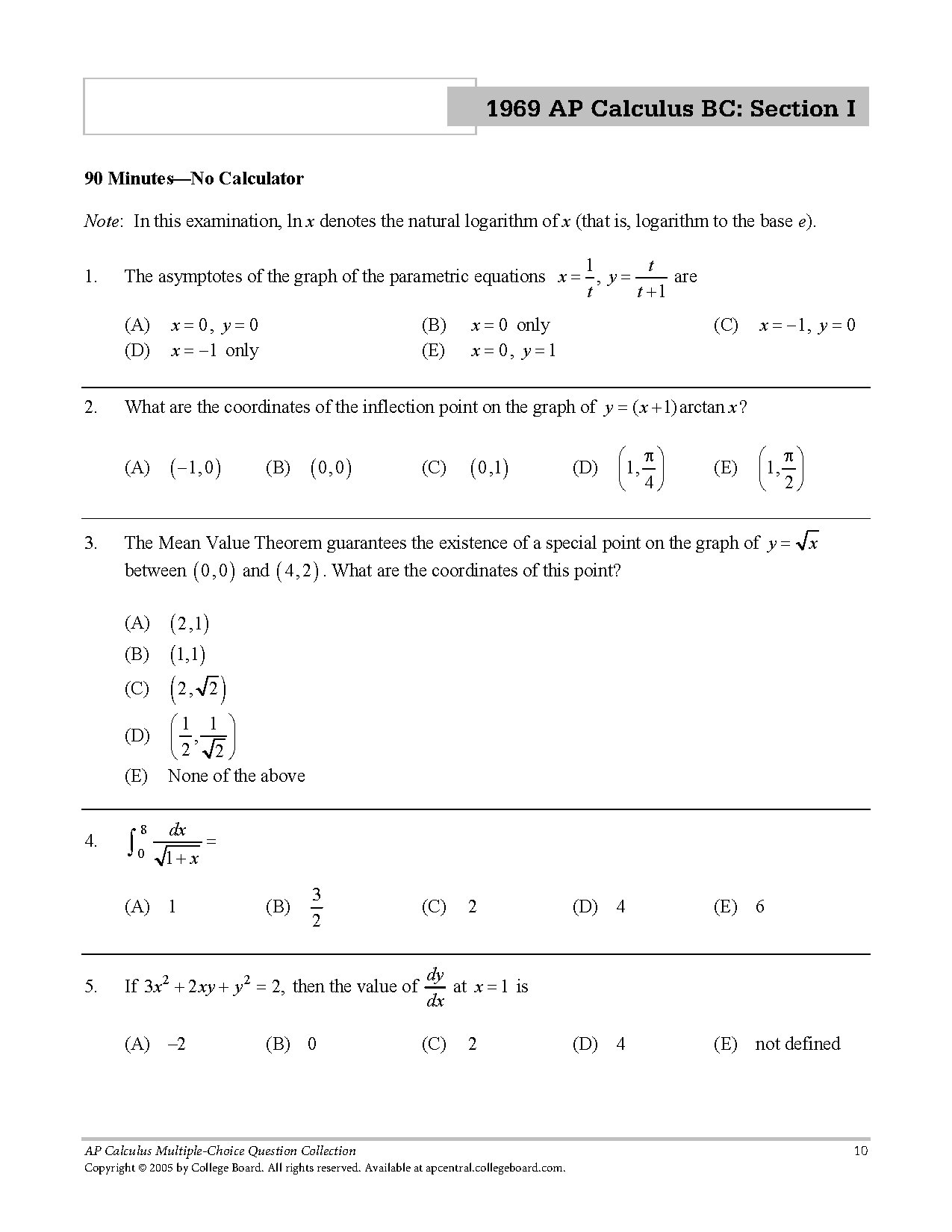 1969 AP Calculus BC Multiple-Choice Questions with Answers