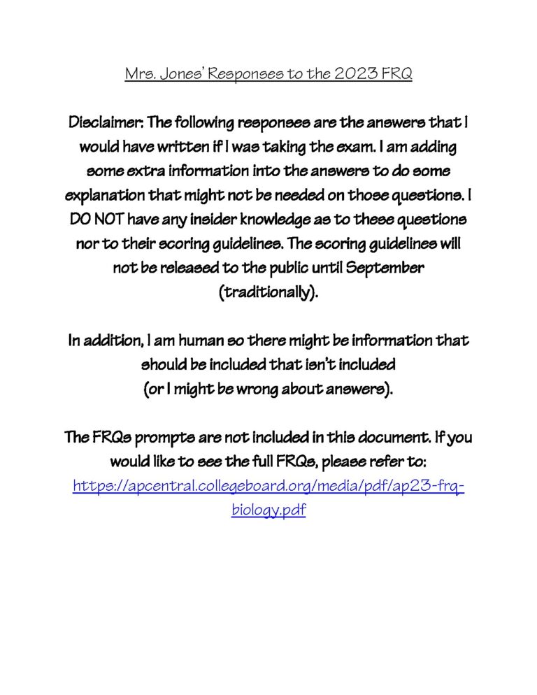 2023 AP Biology FRQ Answers by Mrs. Jones