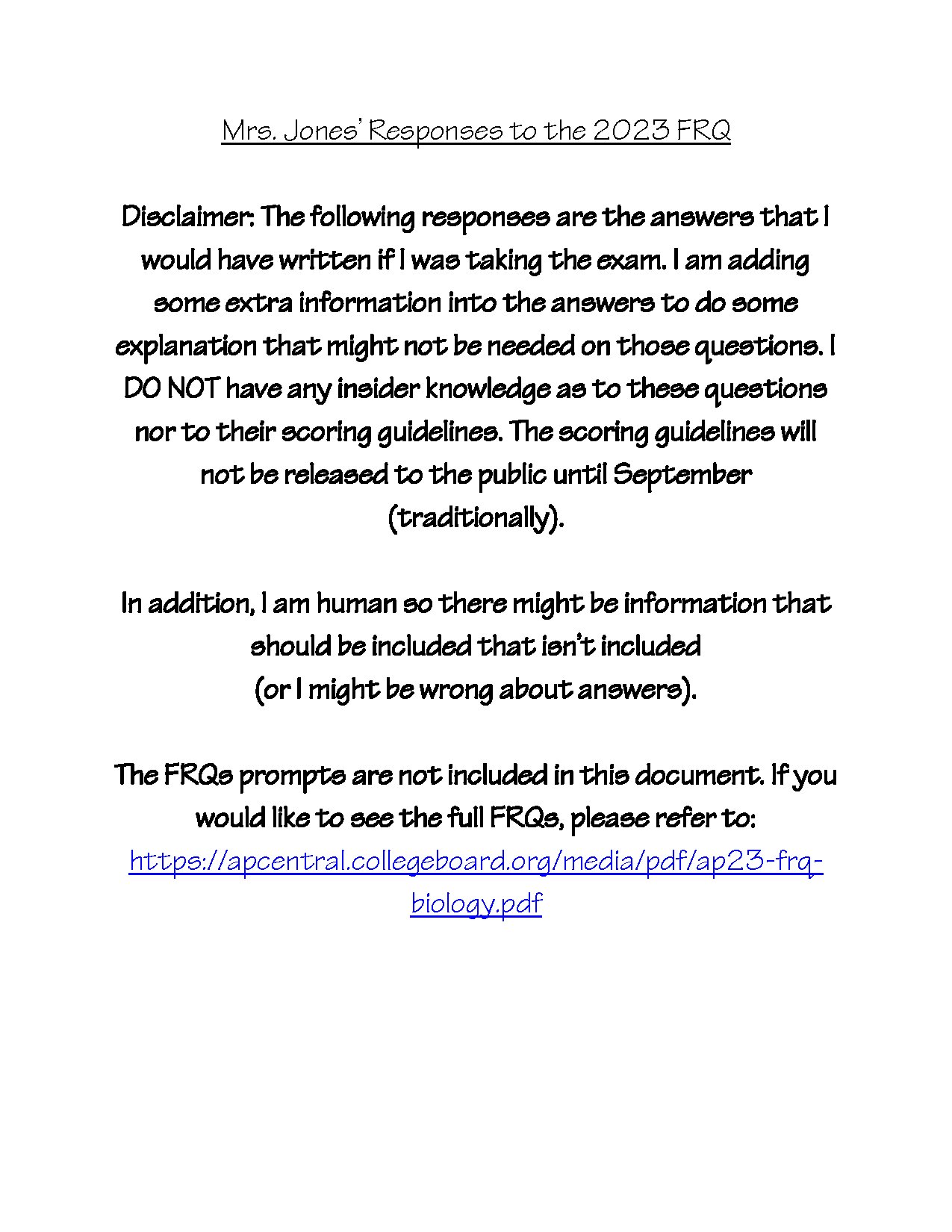 2023 AP Biology FRQ Answers by Mrs. Jones