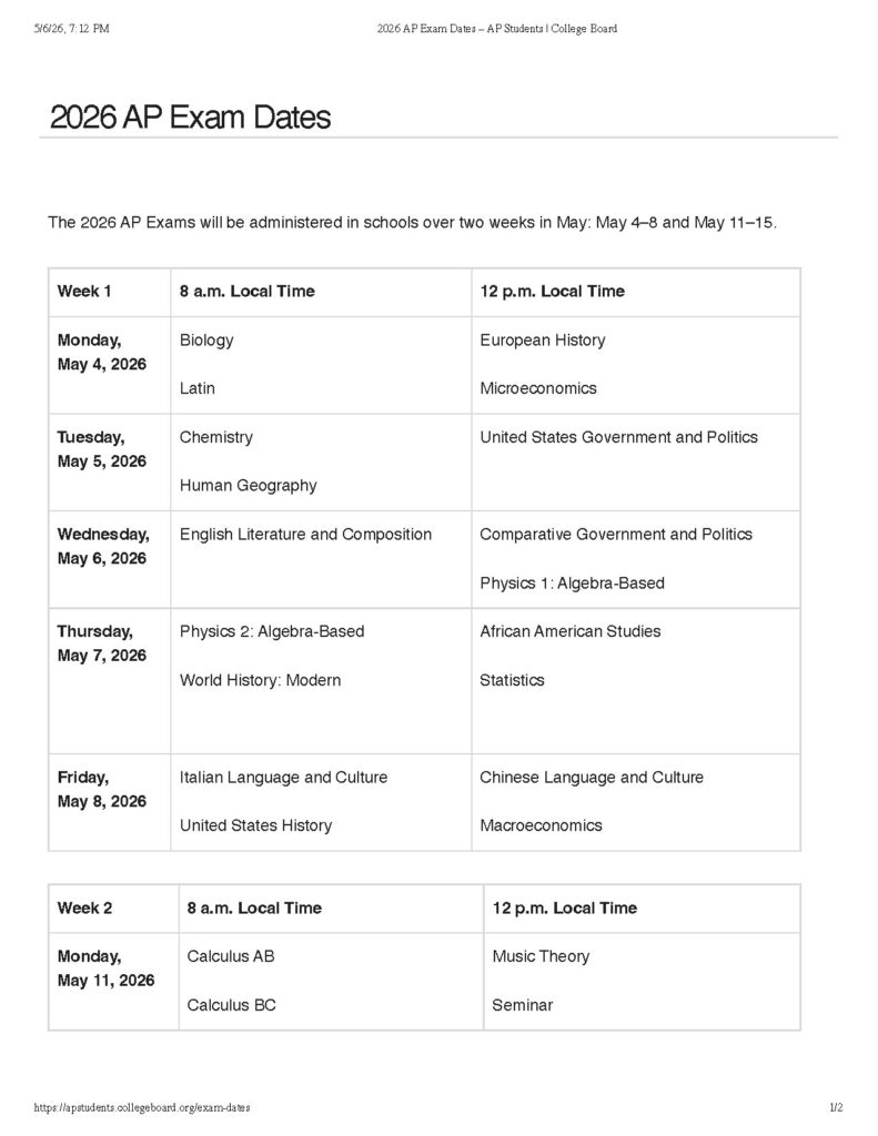 2026 AP Exam Schedule Dates for Students