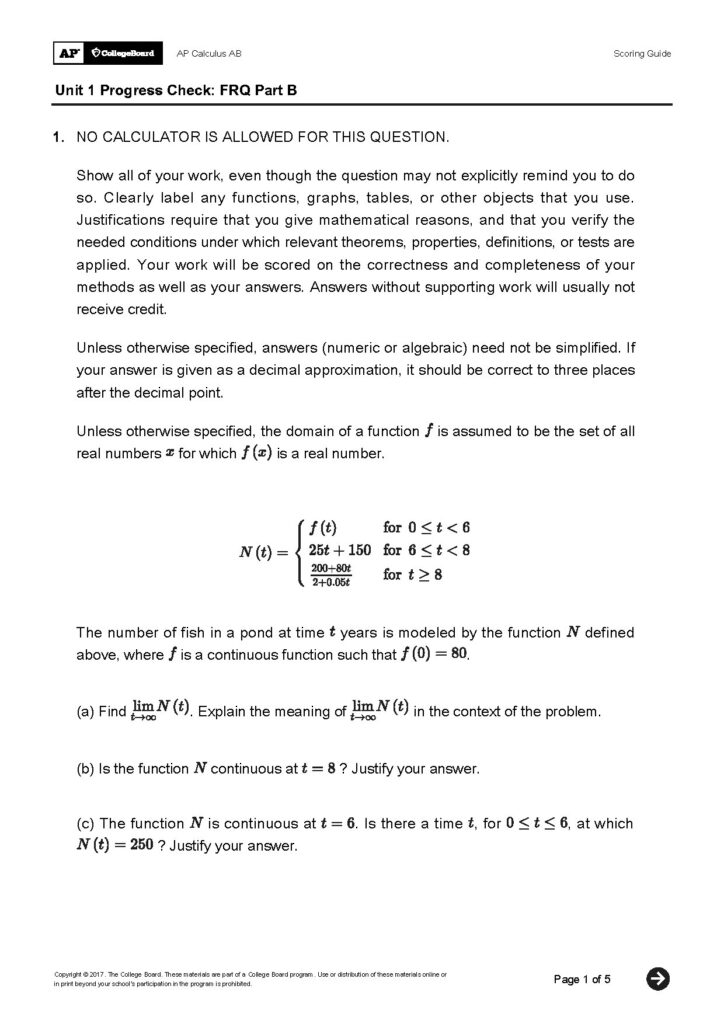 AP Calculus AB Unit 1 Progress Check FRQ Part B