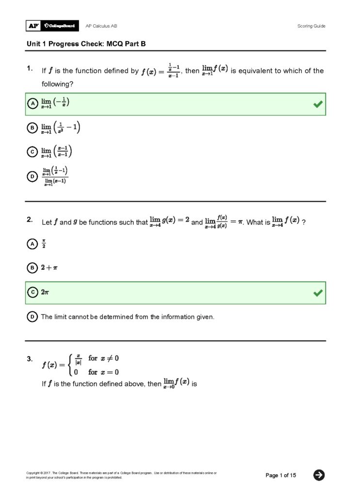 AP Calculus AB Unit 1 Progress Check MCQ Part B