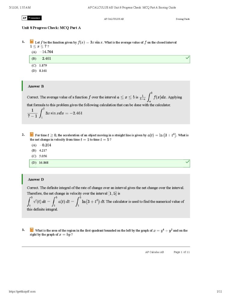 AP Calculus AB Unit 8 Progress Check MCQ Scoring Guide
