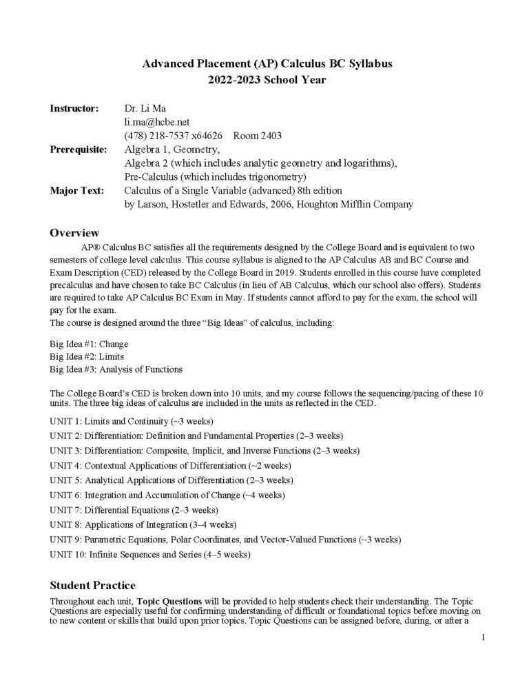 AP Calculus BC Syllabus 2022-2023 by Dr. Li Ma