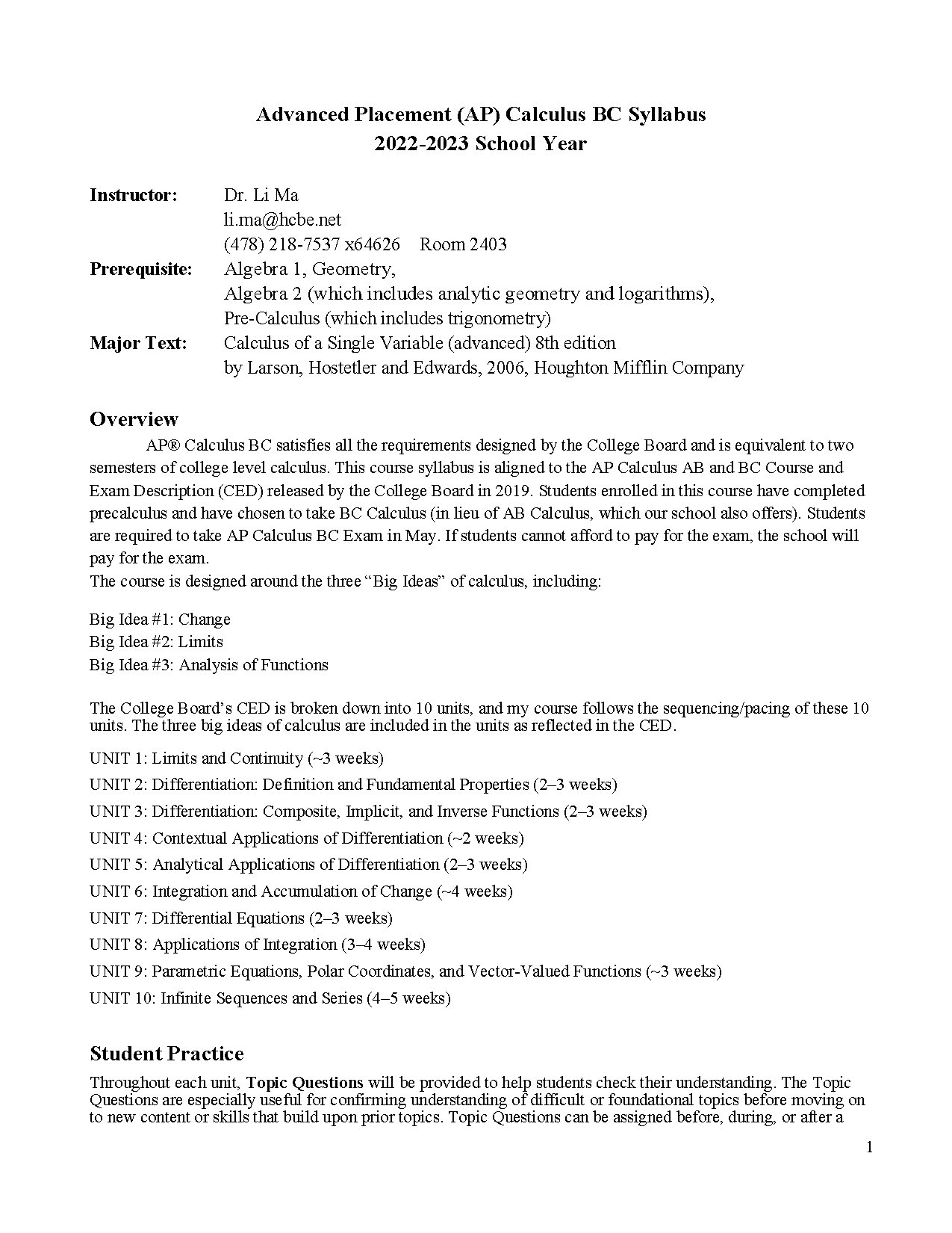 AP Calculus BC Syllabus 2022-2023 by Dr. Li Ma