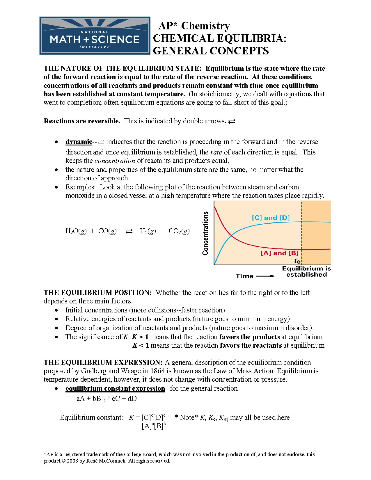 AP Chemistry Chemical Equilibria Concepts and Exercises