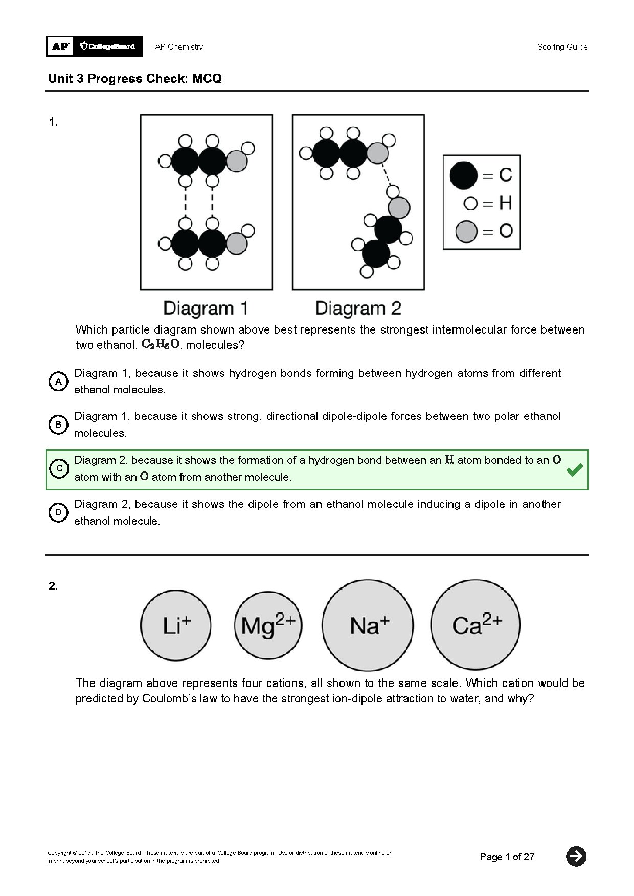 AP Chemistry Unit 3 Progress Check MCQ