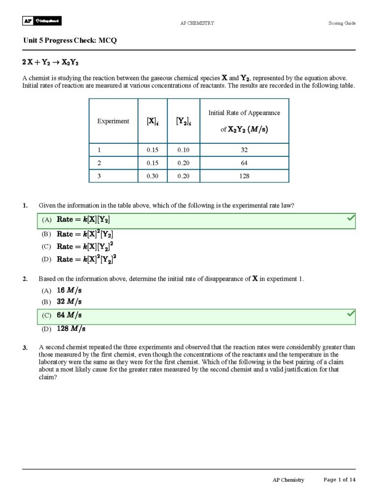 AP Chemistry Unit 5 Progress Check MCQ Answers 2024
