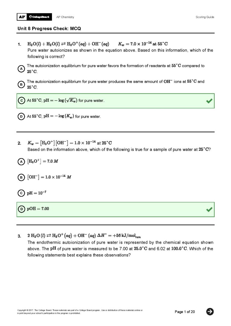 AP Chemistry Unit 8 Progress Check MCQ Answers