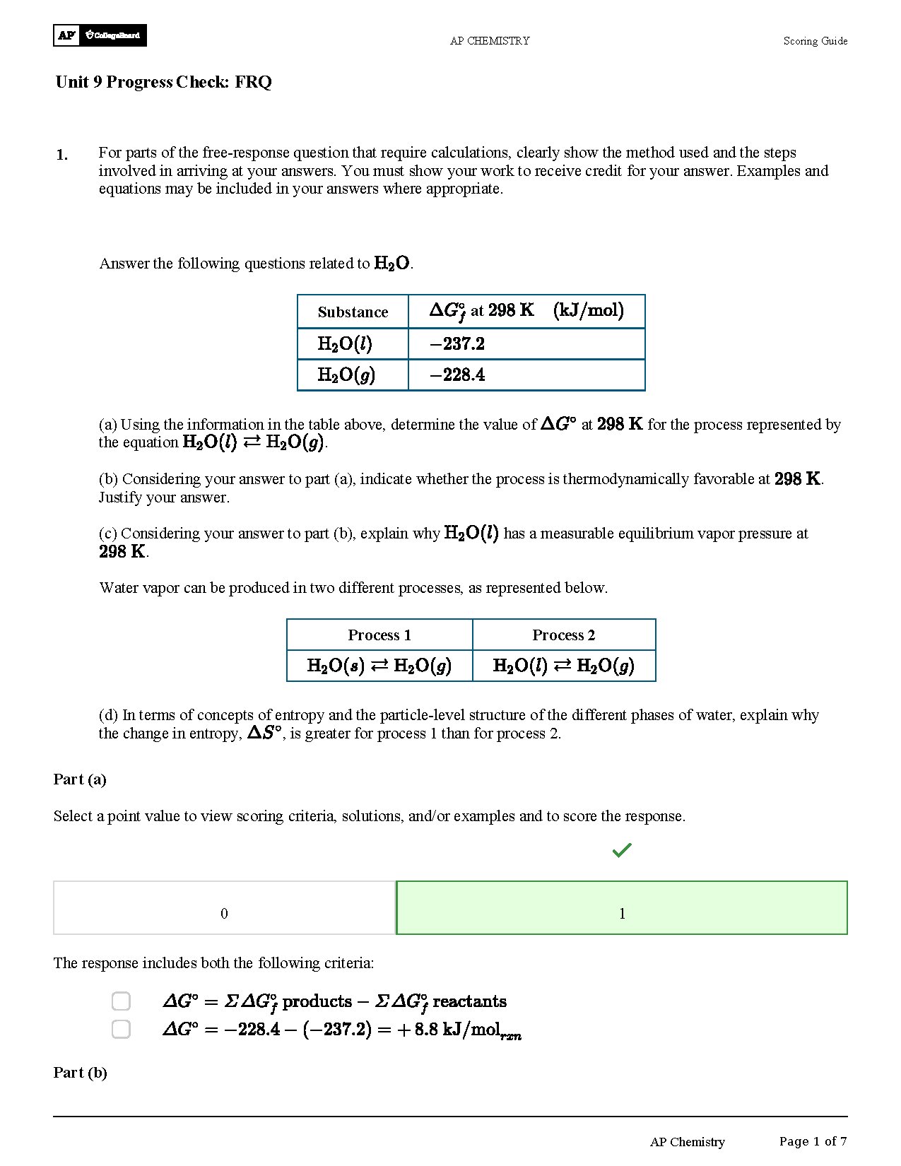 AP Chemistry Unit 9 Progress Check Free Response Guide