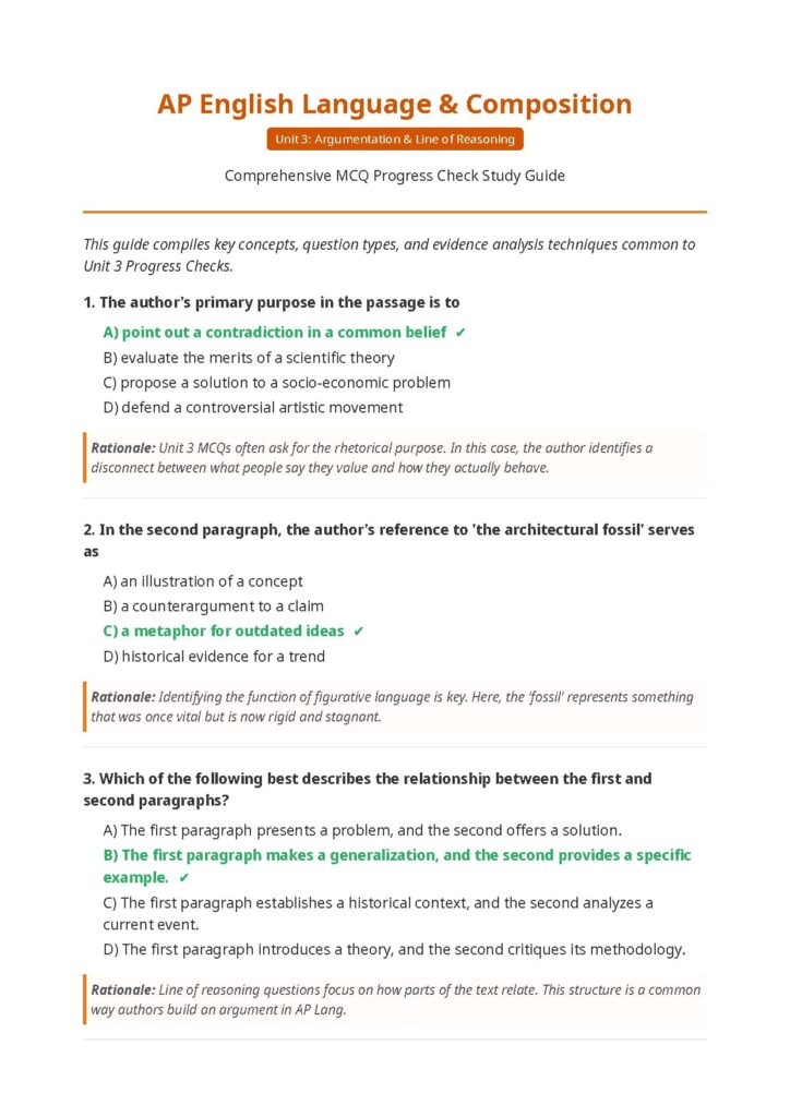 AP English Language Unit 3 Argumentation MCQ Progress Check