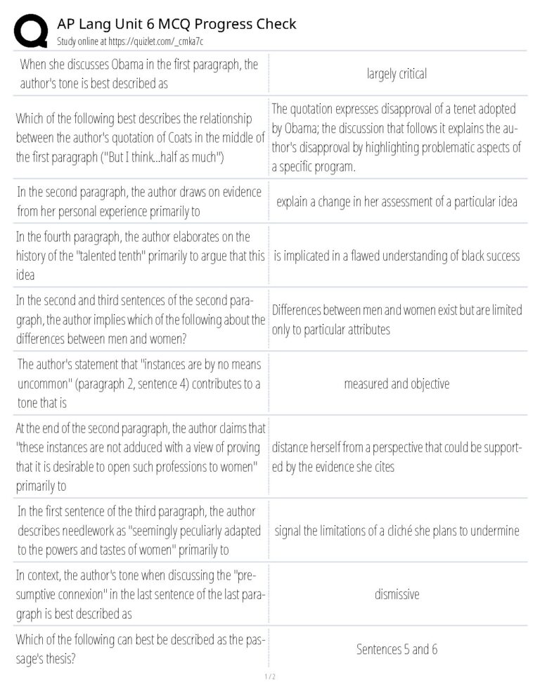 AP Lang Unit 6 MCQ Progress Check Answers