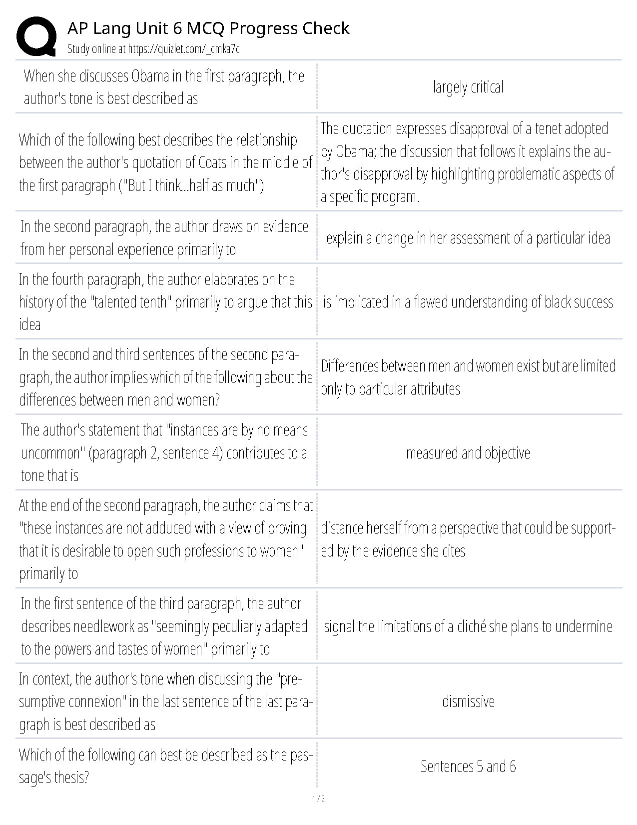 AP Lang Unit 6 MCQ Progress Check Answers