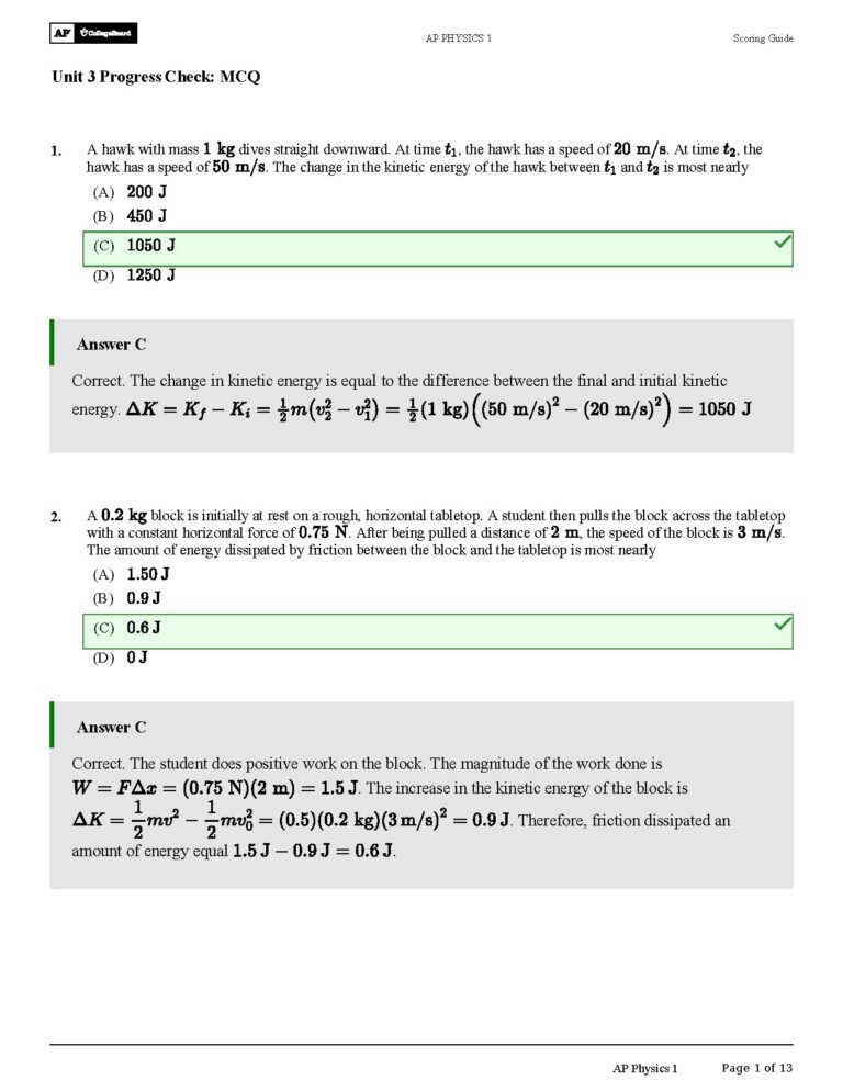 AP Physics 1 Unit 3 MCQ Scoring Guide