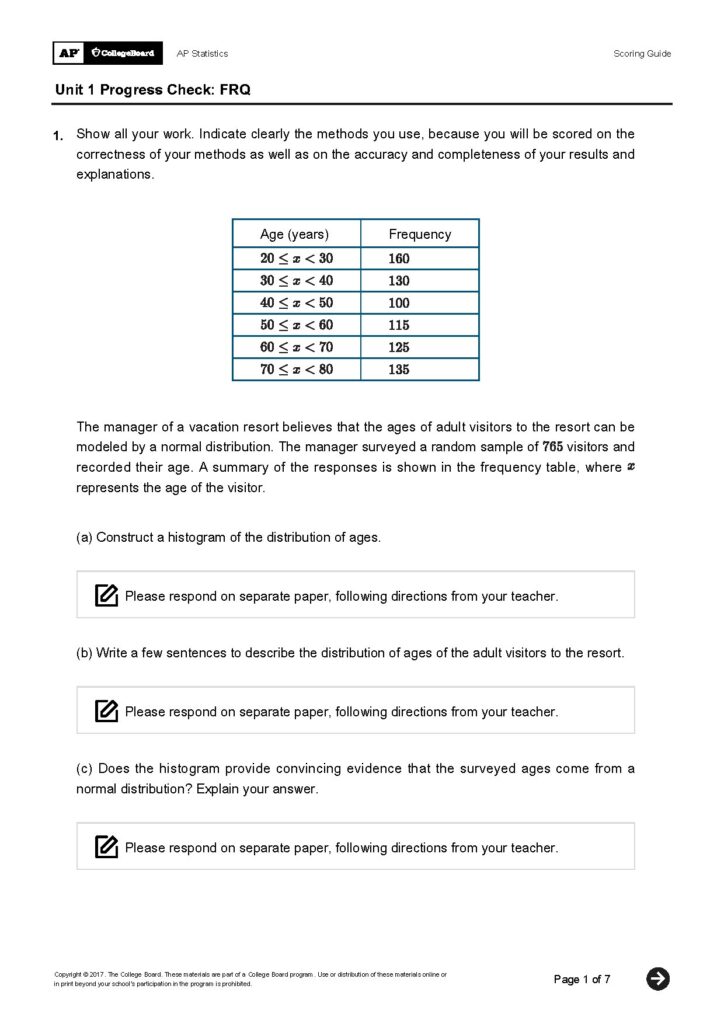 AP Statistics Unit 1 Progress Check Free Response Questions