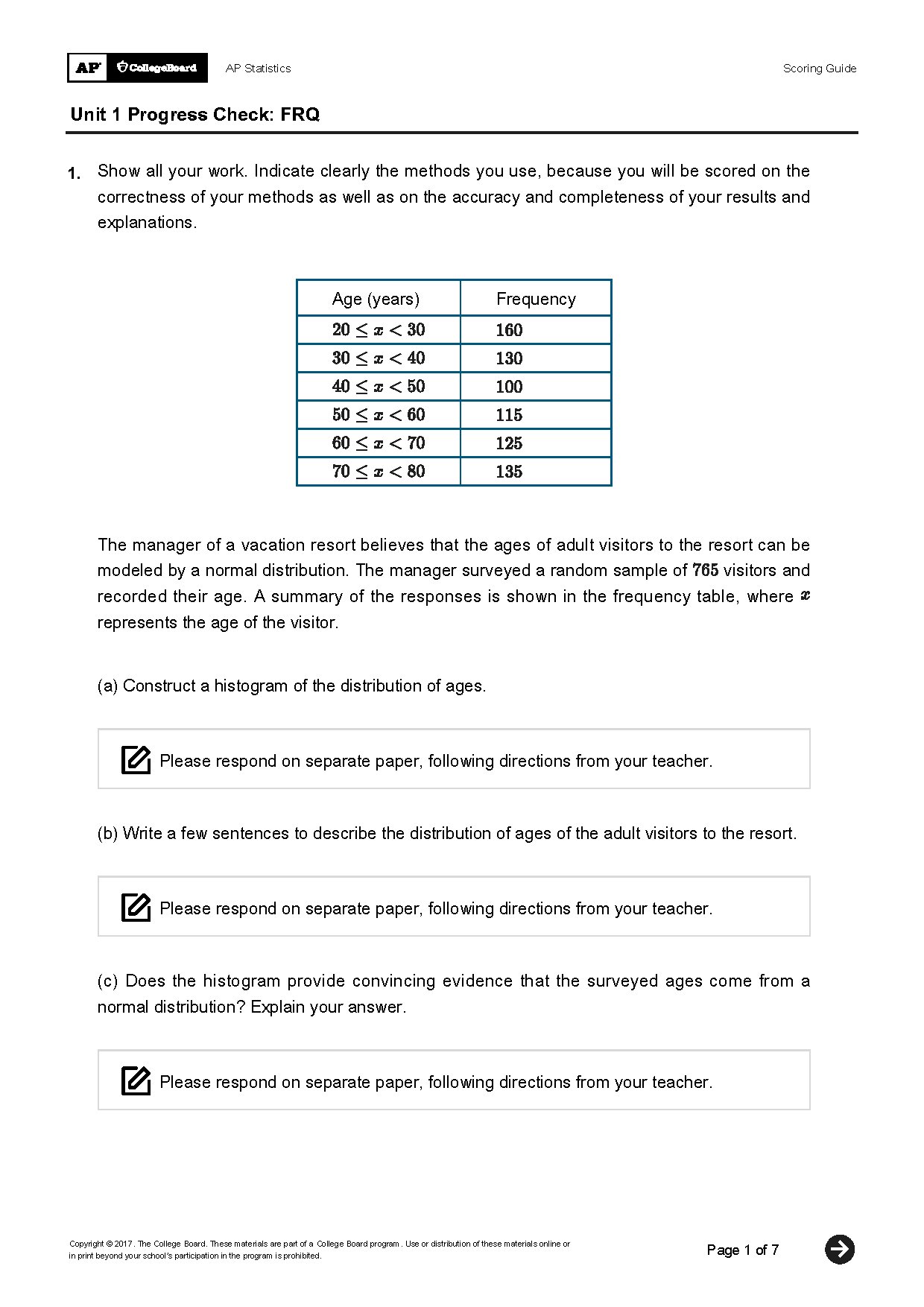 AP Statistics Unit 1 Progress Check Free Response Questions