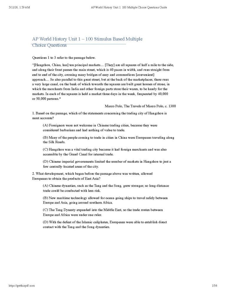 AP World History Unit 1: 100 Multiple Choice Questions Guide