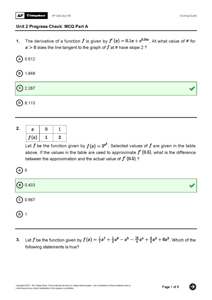 Unit 2 Progress Check MCQs Part A AP Calculus Answers