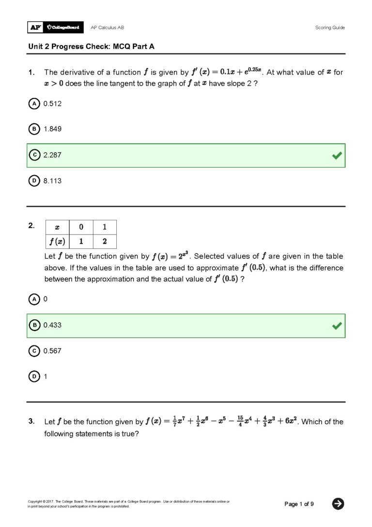 Unit 2 Progress Check MCQs Part A AP Calculus Answers
