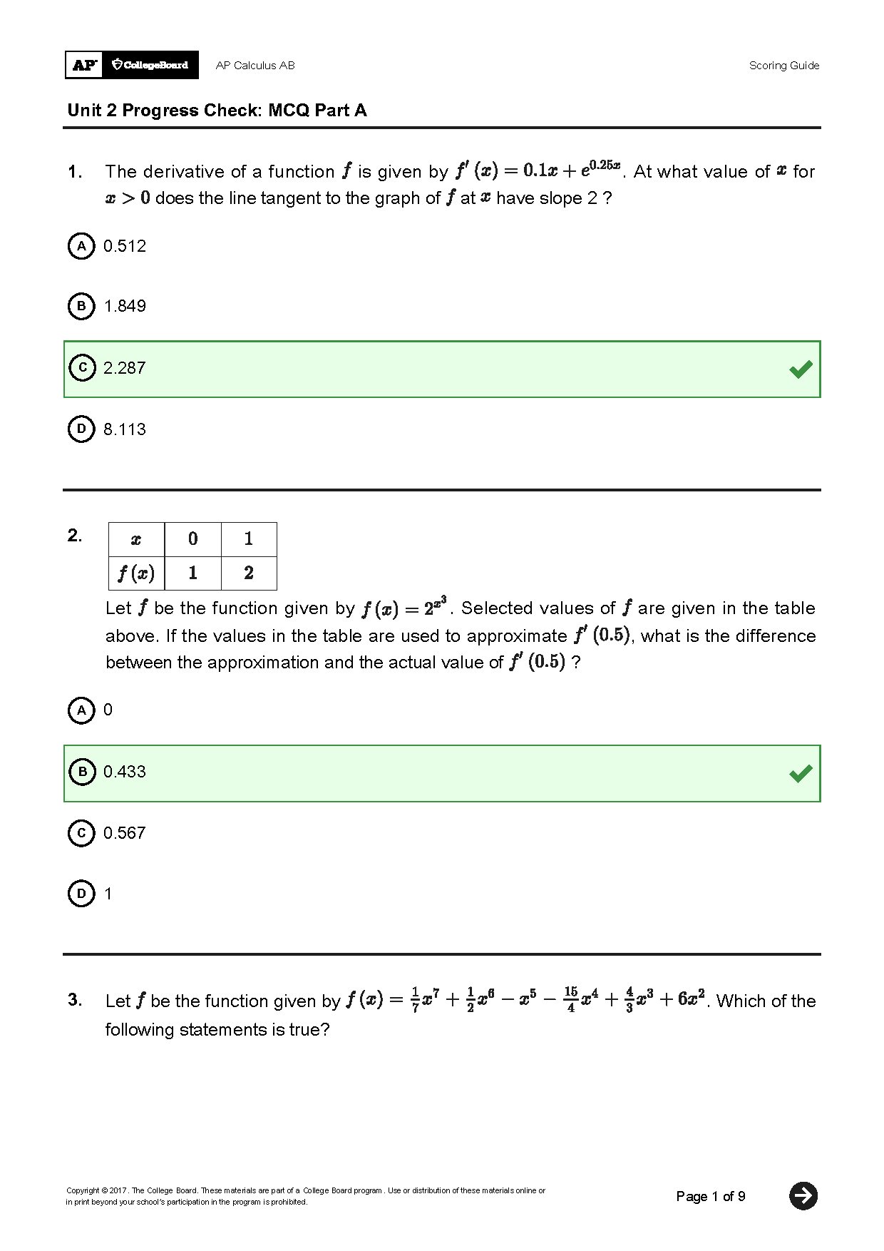 Unit 2 Progress Check MCQs Part A AP Calculus Answers