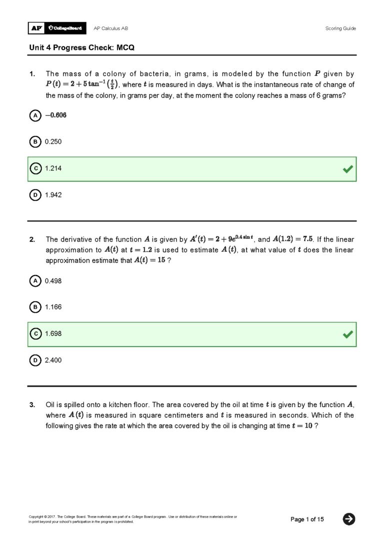 Unit 4 Progress Check MCQ AP Calculus AB